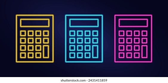 Set of neon calculator icons on dark background. Illuminated Counting symbol. Luminescent Counting Device. Finance. School subject of mathematics. Color image - yellow, pink, blue. Vector illustration