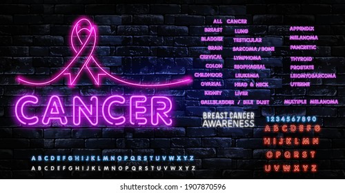 Set of neon Cancer ribbons awareness. Neon Symbolic ribbons: ribbons breast, bladder, brain, cervical, colon, childhood, ovarial, kidney, appendex, melanoma