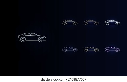 A set of neon car symbols. Set of different color symbols, faint neon glow. Vector illustration on black background