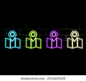 A set of neon card pin code icons. Marking the GPS navigator geotag on the map.