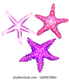 Set of neon cartoon illustrations of starfishes. The object is separate from the background. Illustration for printing on T-shirts, covers, sketches of tattoos and your design.