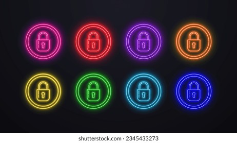 A set of neon castles in a circle in different colors: green, blue, yellow, purple, pink, orange, red on a dark background. A concept for a security service.