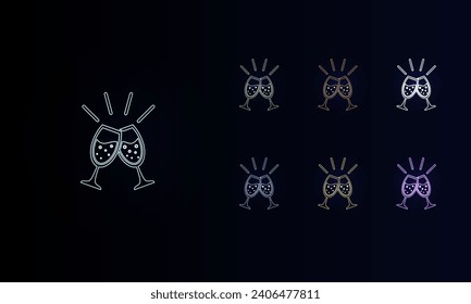 A set of neon champagne toast symbols. Set of different color symbols, faint neon glow. Vector illustration on black background