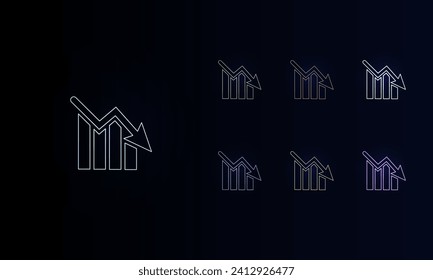 A set of neon chart down symbols. Set of different color symbols, faint neon glow. Vector illustration on black background