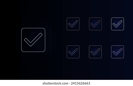 A set of neon checkbox symbols. Set of different color symbols, faint neon glow. Vector illustration on black background