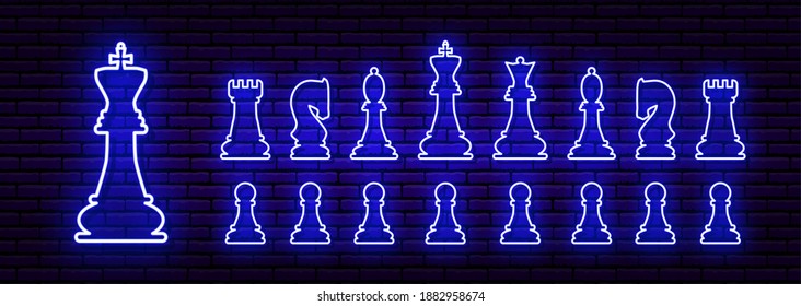 A set of neon chess pieces, each element isolated separately. Volume version with a shadow. Against a brick wall. For design, signage, billboards. In shades of blue. Sham and checkmate. Realistic lamp