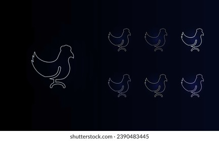 A set of neon chicken symbols. Set of different color symbols, faint neon glow. Vector illustration on black background