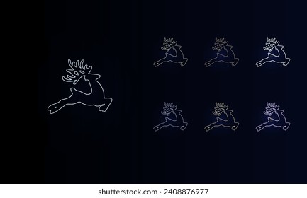 A set of neon Christmas deers. Set of different color symbols, faint neon glow. Vector illustration on black background