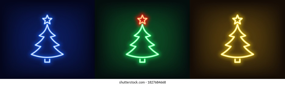 Set of neon Christmas trees with stars, glowing icons. Neon New Year tree silhouette Christmas tree outline in blue, green and yellow colors. Festive fir with neon light. Vector illustration