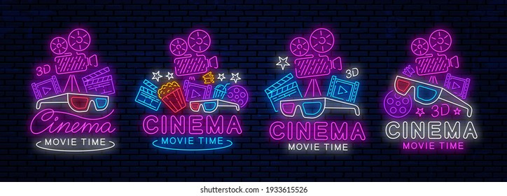 Set of neon cinema logo. Vector neon light signboard layout. Movie time. Glowing cinema logo design.