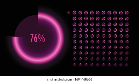 Set of neon circle percentage diagrams from 0 to 100. Percentage Icons. 