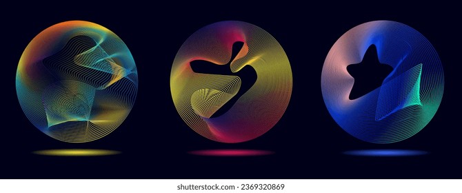 Set of neon circles concept. Spheres from line different shapes and colors. Futuristic design for poster or banner in abstract style. Flat vector collection isolated on black background