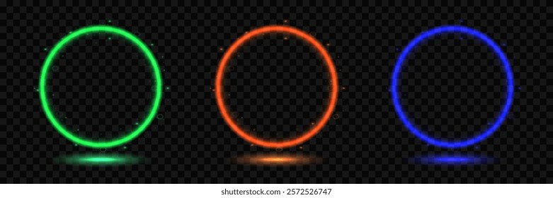 Set of neon circles. Green, orange and blue neon glowing rings. Vector illustration. On png background.