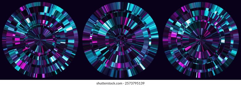 Set of neon circular anisotropic surfaces with dynamic bursts of blue purple tones and futuristic aesthetics. Colorful concentric circle banners with vibrant radial digital lines. Vector illustration