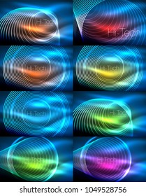 Set aus neonrunden Rahmenringen, Hintergründen, Vektor-Konzept für dunkle Weltraumenergie, glänzende Vorlage für Lichteffekte