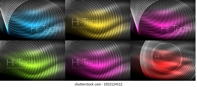 Set of neon circular outline rings backgrounds, vector dark space energy concept, shiny light effect template