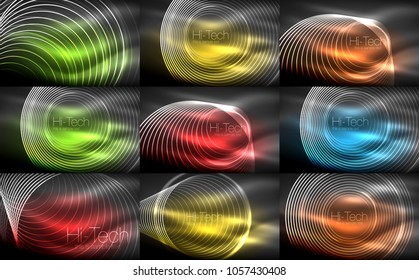 Set of neon circular outline rings backgrounds, vector dark space energy concept, shiny light effect template