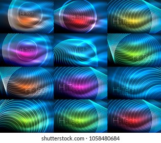 Set of neon circular outline rings backgrounds, vector dark space energy concept, shiny light effect template