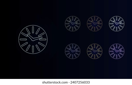 A set of neon clock symbols. Set of different color symbols, faint neon glow. Vector illustration on black background