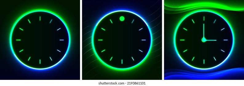 Set of Neon Clocks on dark backgrounds with copy space.  LED Neon clocks and timer concept. Moon as 12 on clock. Editable Vector Illustration. EPS 10.