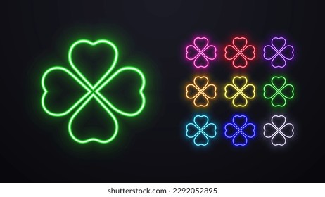 A set of neon clover icons in different colors. Logo for casino signage.