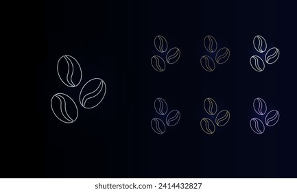 A set of neon coffee beans symbols. Set of different color symbols, faint neon glow. Vector illustration on black background