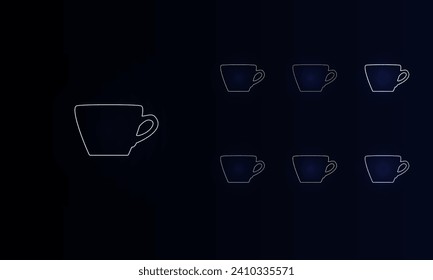 A set of neon coffee cup symbols. Set of different color symbols, faint neon glow. Vector illustration on black background
