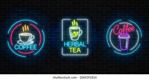 Set of neon coffee and tea signs with frames on dark brick wall background. Hot drinks banners.