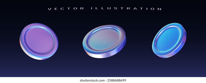 Set of neon coins. 3d holographic primitive shape. Vector illustration