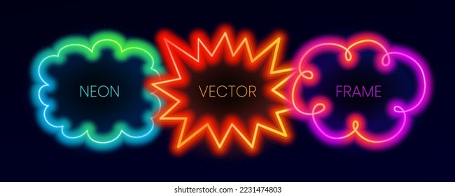 Set of neon color frames. Collection of abstract neon borders. Abstract background in vibrant colors with copy space. Stock vector futuristic design elements.
