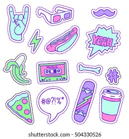 Set of neon color masculine sketchy patches. Different trendy badges and pins. Oldschool vector pictograms in line-art style with 90's colors. Skate, mixtape, coffee and lightning bolt icons.