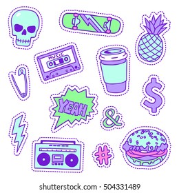 Set of neon color masculine sketchy patches. Different trendy badges and pins. Oldschool vector pictograms in line-art style with 90's colors. Skate, mixtape, coffee and lightning bolt icons.