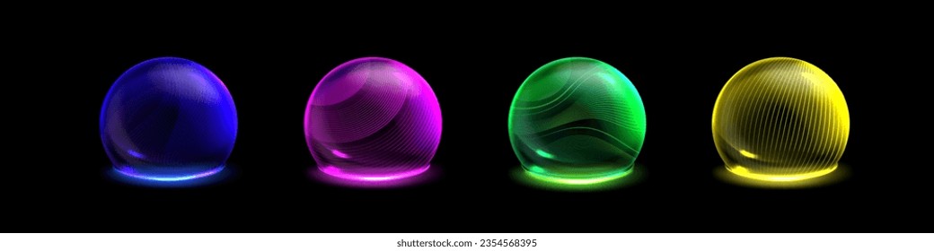 Set of neon color sphere shields isolated on black background. Vector realistic illustration of blue, purple, green, yellow 3D domes, magic energy barrier effect, data security protection technology