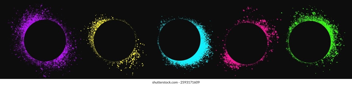 Set of neon colored circle spray stencils isolated on black background. Urban street graffiti style. Airbrush paint splatter borders, grunge street art frames with splash effect and drops. Vector