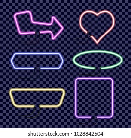 Set of neon colored frames with open ends. Vintage electric signboard with bright neon lights isolated on transparent background. Vector illustration.