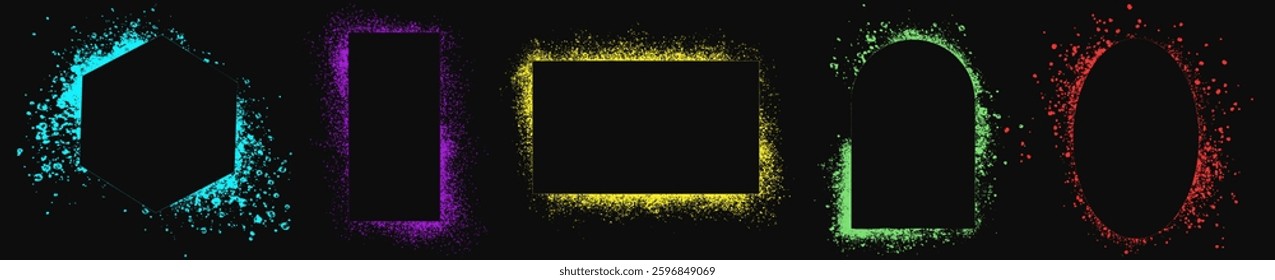 Set of neon colored frames, various spray stencils isolated on black background. Urban street graffiti style. Airbrush paint splatter borders, grunge street art with splash effect and drops. Vector