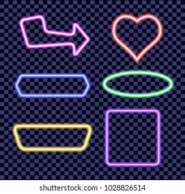 Set of neon colored frames. Vintage electric signboard with bright neon lights isolated on transparent background. Vector illustration.