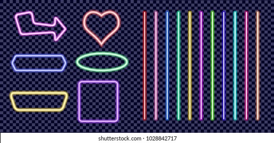 Set of neon colored frames. Vintage electric signboard with bright neon lights isolated on transparent background. Vector illustration.