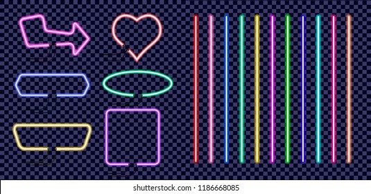 Set of neon colored frames. Vintage electric signboard with bright neon lights isolated on transparent background. Vector illustration.