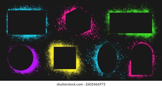 Set of neon colored spray stencils isolated on black background. Urban street graffiti style. Airbrush paint splatter borders, grunge street art frames with splash effect and drops. Vector