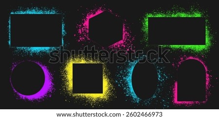 Set of neon colored spray stencils isolated on black background. Urban street graffiti style. Airbrush paint splatter borders, grunge street art frames with splash effect and drops. Vector