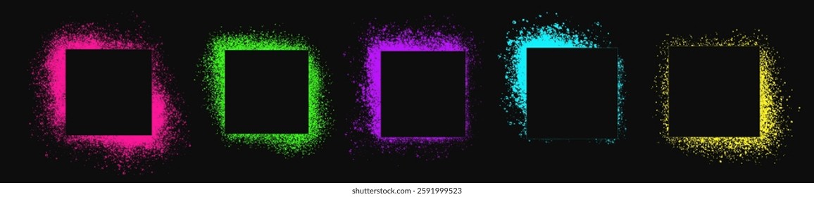 Set of neon colored square spray stencils isolated on black background. Urban street graffiti style. Airbrush paint splatter borders, grunge street art frames with splash effect and drops. Vector