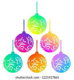 Set of neon colorful Christmas balls isolated on white background.