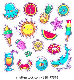 Set of neon comic stickers in pop art style with sea animals, food and things in vector. Doodle patch badges with different summer holiday attributes on white background.