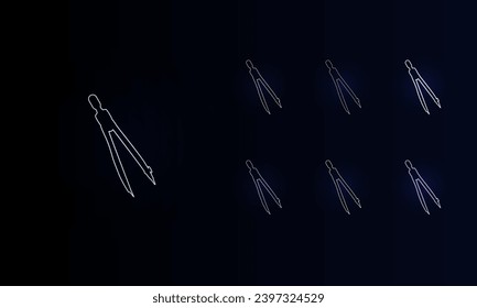 Eine Reihe von Neonkompassteilern. Satz verschiedener Farbsymbole, schwaches Neonglühen. Vektorgrafik auf schwarzem Hintergrund