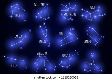 Set of neon constellations. Vector zodiac signs. Horoscope set: Leo, Virgo, Scorpio, Libra, Aquarius, Sagitarius, Pisces, Capricorn, Taurus, Aries, Gemini, Cancer. 