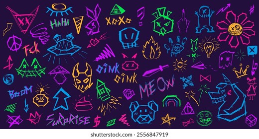 Set of neon creepy graffiti in trendy street style Y2K. Collection of abstract lettering , quick sketches of evil animals, angular chaotic lines, dirty ink symbols  