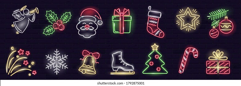 Set of neon Cristmas icons isolated on dark brick wall background.   Gift box, christmas tree, Santa, angel, snowflake, stocking, candy-cane. Xmas, winter, New Year concept. Vector 10 EPS illustration