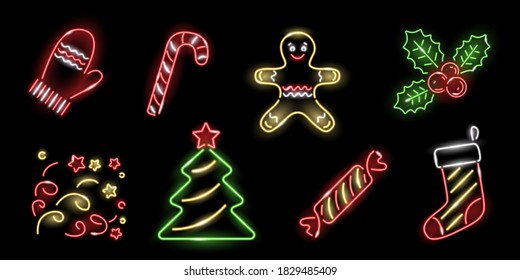 Set of neon Cristmas icons isolated on black background. Christmas tree, holly, stocking, candy-cane, mitten, gingerbread man. Xmas, winter, New Year concept. Vector 10 EPS illustration