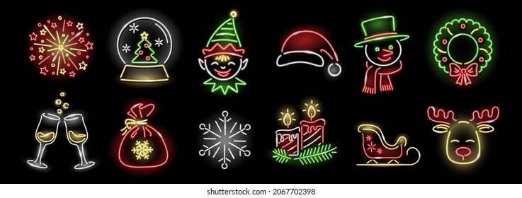 Conjunto de iconos de neón de Navidad aislados en fondo negro. Elf, ciervo, corona, muñeco de nieve, trineo, copo de nieve, fuegos artificiales, velas. Año Nuevo, Navidad, concepto de vacaciones de invierno. Ilustración del vector 10 EPS.